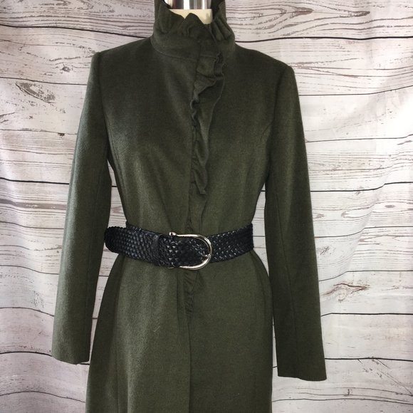 - DKNY OliveWool blend ruffle neck coat